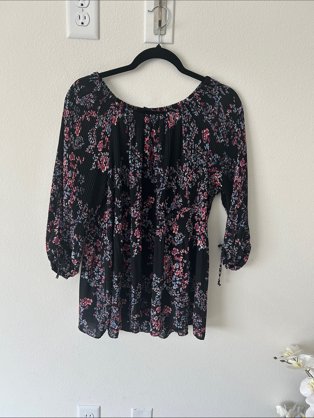 Roz & Ali Black Floral Peasant Blouse with Pink and Blue Blossoms